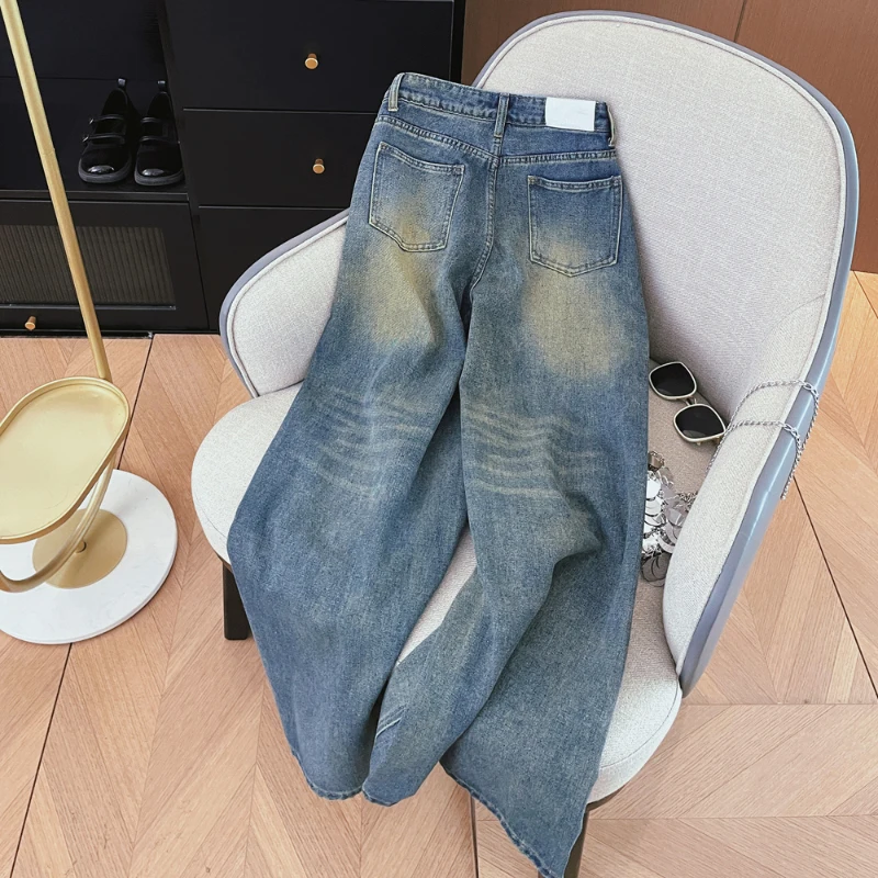 Bomon early autumn Korean version do old graffiti print high waisted straight leg loose wide leg mop jeans trousers woman