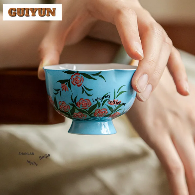 

60ml Hand-painted Rose Teacup Creative Tea Bowl Sample Tea Cup Tea-tasting Meditation Cup Chazhan Master Cups Tableware Craft