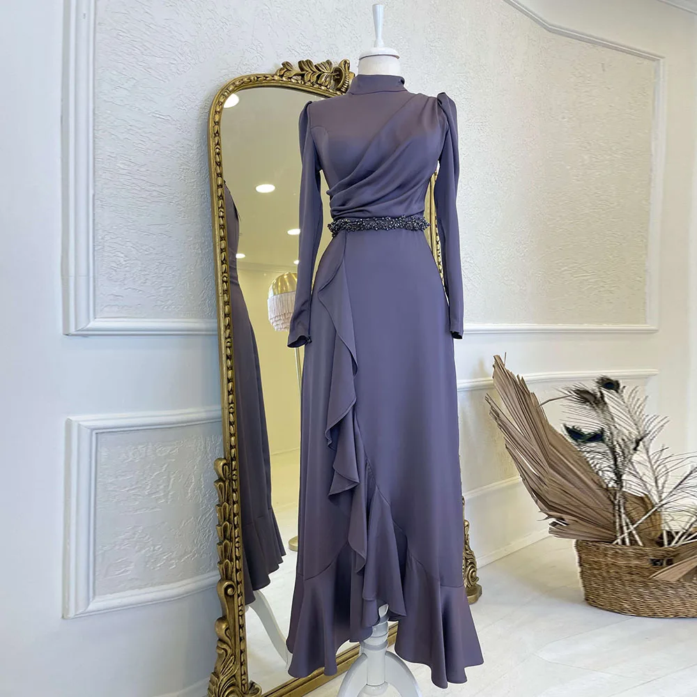 Purple Classic Evening Dresses for Women 2022 Floor Length Moroccan Caftan Elegant Full Sleeve High Neck Beading Robe De Soiree