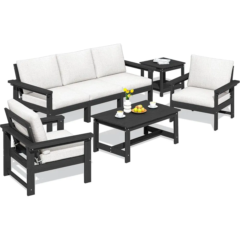

7-Piece HDPE Outdoor Sectional Sofa Set with Weather-Resistant Black Frame and Khaki Cushions