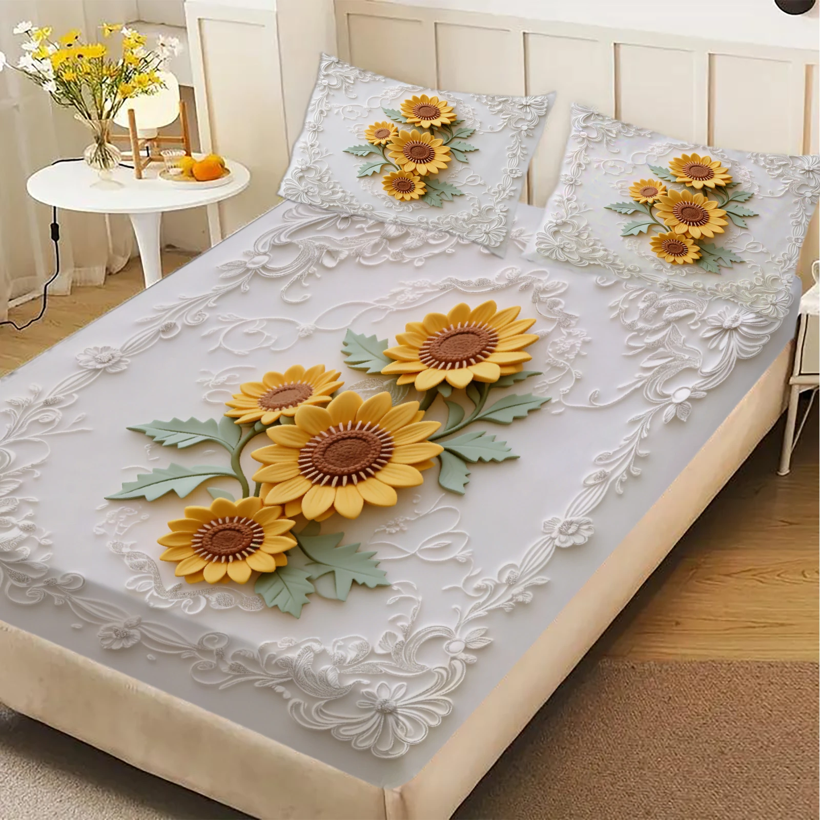Sunflower Embroidered Fitted Sheet Set White Sunflower Floral Pattern Bedding With Pillowcases For Bedroom