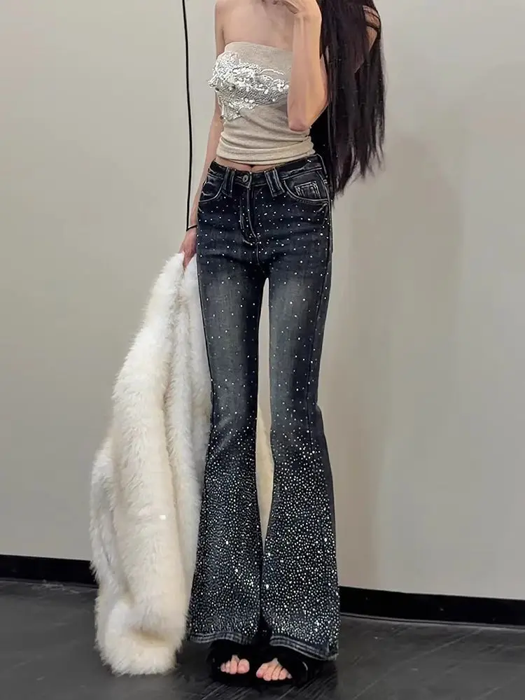 

Hot Girl Jeans Women's Retro Fashion Baby's Breath Diamond Micro-flared Trousers