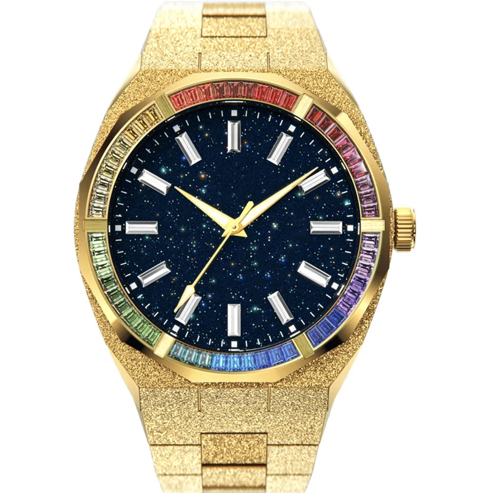 

Luxury Gold Hip Hop Iced Out Rainbow Diamond Watch Stainless Steel Frosted Star Dust Quartz Watches Men Wrist