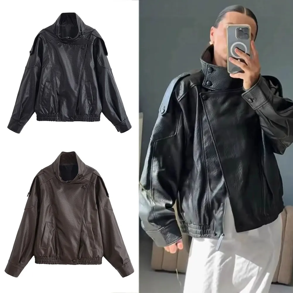 

HH Autumn Women Faux Leather Jacket Turtleneck Long Sleeve Zipper Coat Winter Woman Vintage Motorcycle Leather Jackets Outerwear