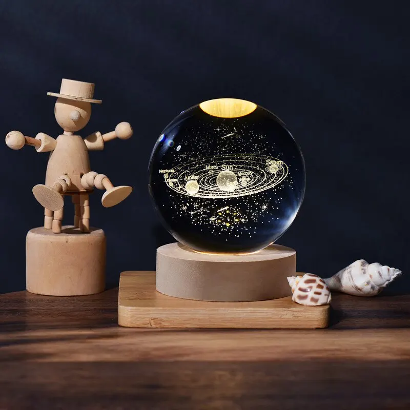 6cm 3D Crystal Ball Crystal Planet Night Light Laser Engraved Solar System Globe Astronomy Birthday Gift Home Desktop Decoration