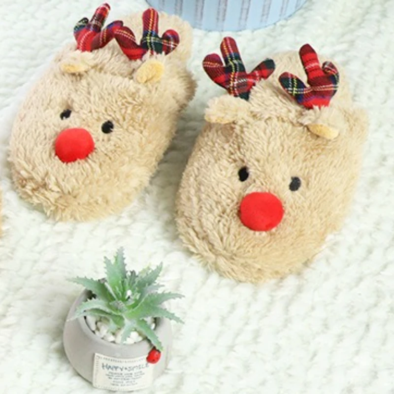 Christmas-themed homewear: non-slip cartoon-print soft cotton fleece faux lambskin antler parent-child matching slippers - Image 4