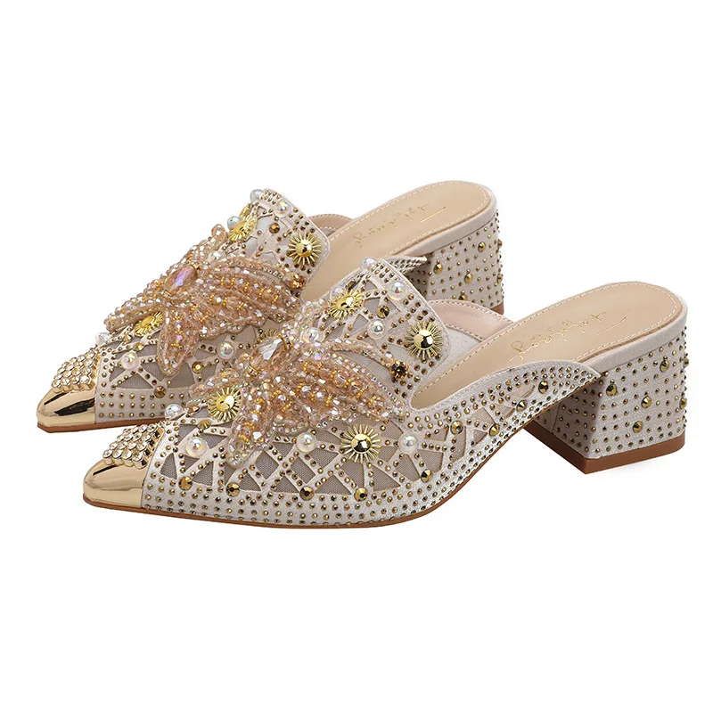 

Baotou Slippers Women's Outer Wear Rivet Mesh Season Thick Heel High Heel Half Support Korean Version Butterfly Pointed Women's