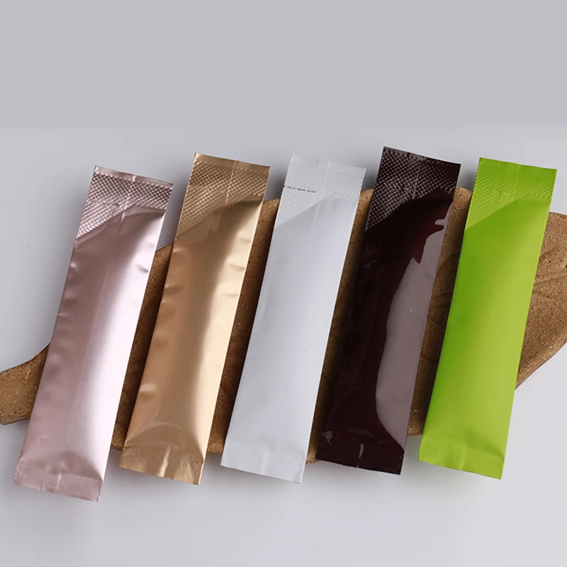100 Uds. Bolsitas de tiras portátiles con tapa abierta coloridas champú café azúcar en polvo leche miel té bolsa de papel de aluminio bolsas de embalaje