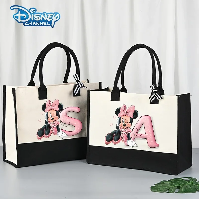 Nuevo bolso de mano Minnie, bolsos de lona a la moda de Disney con letras, bolso de playa portátil para compras, bolso de playa informal, bolso de gran capacidad