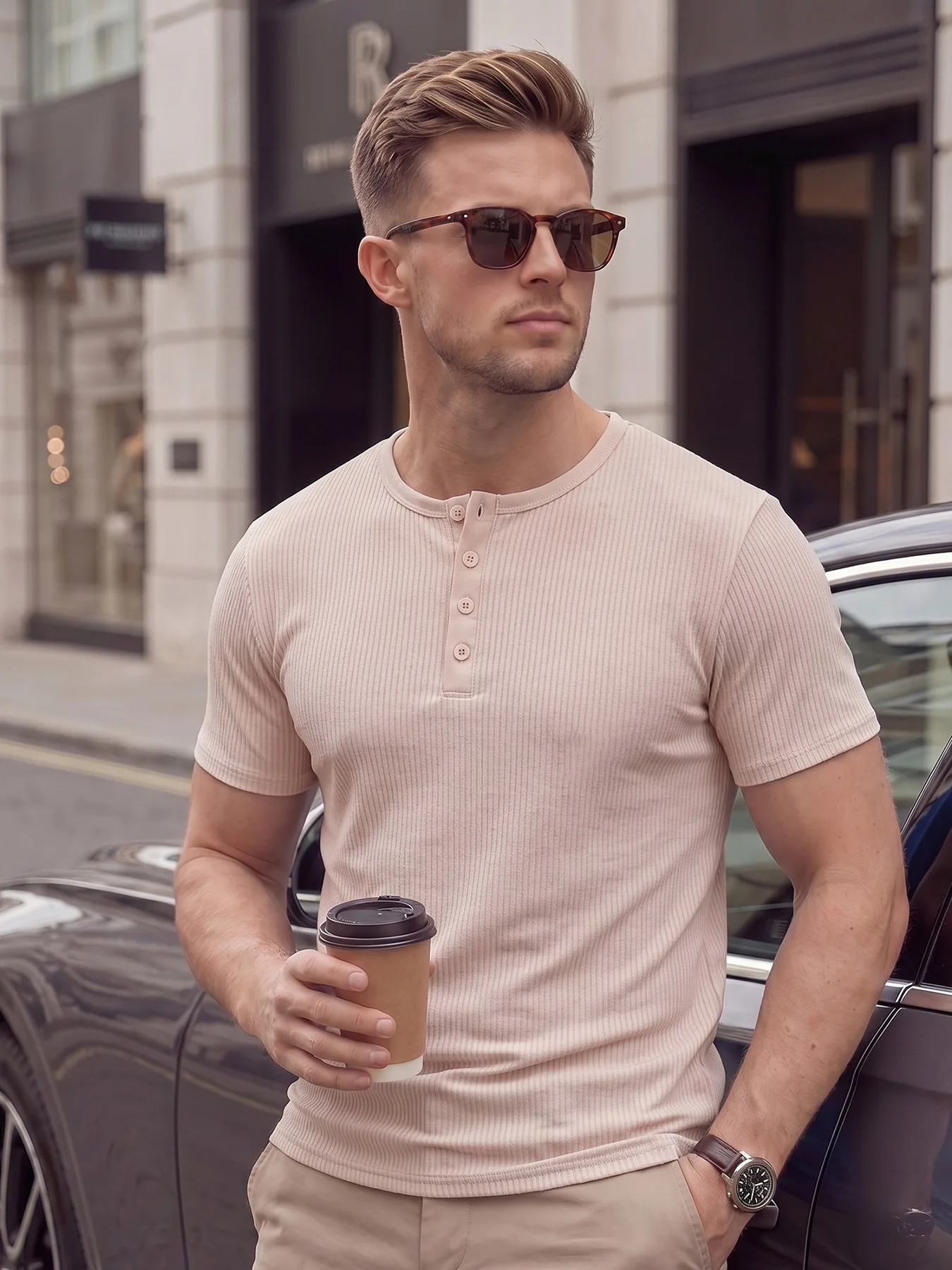 Men's Ribbed Henley Style T-Shirt Slim Fit Short Sleeve Button Crewneck Casual Tee For Summer