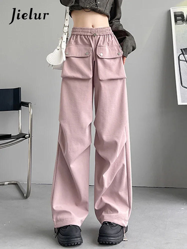 

Jielur Pink Thick American Fashion Female Cargo Pants Winter High Street Loose Solid Color Drawstring Chic Pocket Women Trousers