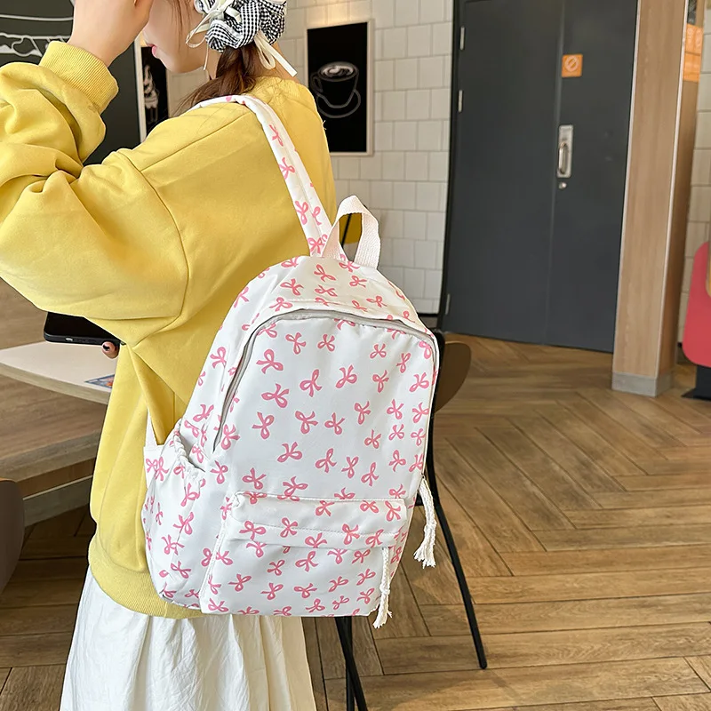 Nylon Material Bow Print Backpack Adjustable Straps Multi-Pocket Large Capacity School Bag ForTravel 2026 New Backpack