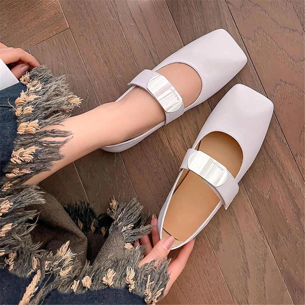 FEDONAS New Mary Jane Flats Shoes Woman Genuine Leather Metal Decoration Fashion Square Toe Party Wedding Shoes Casual Flats