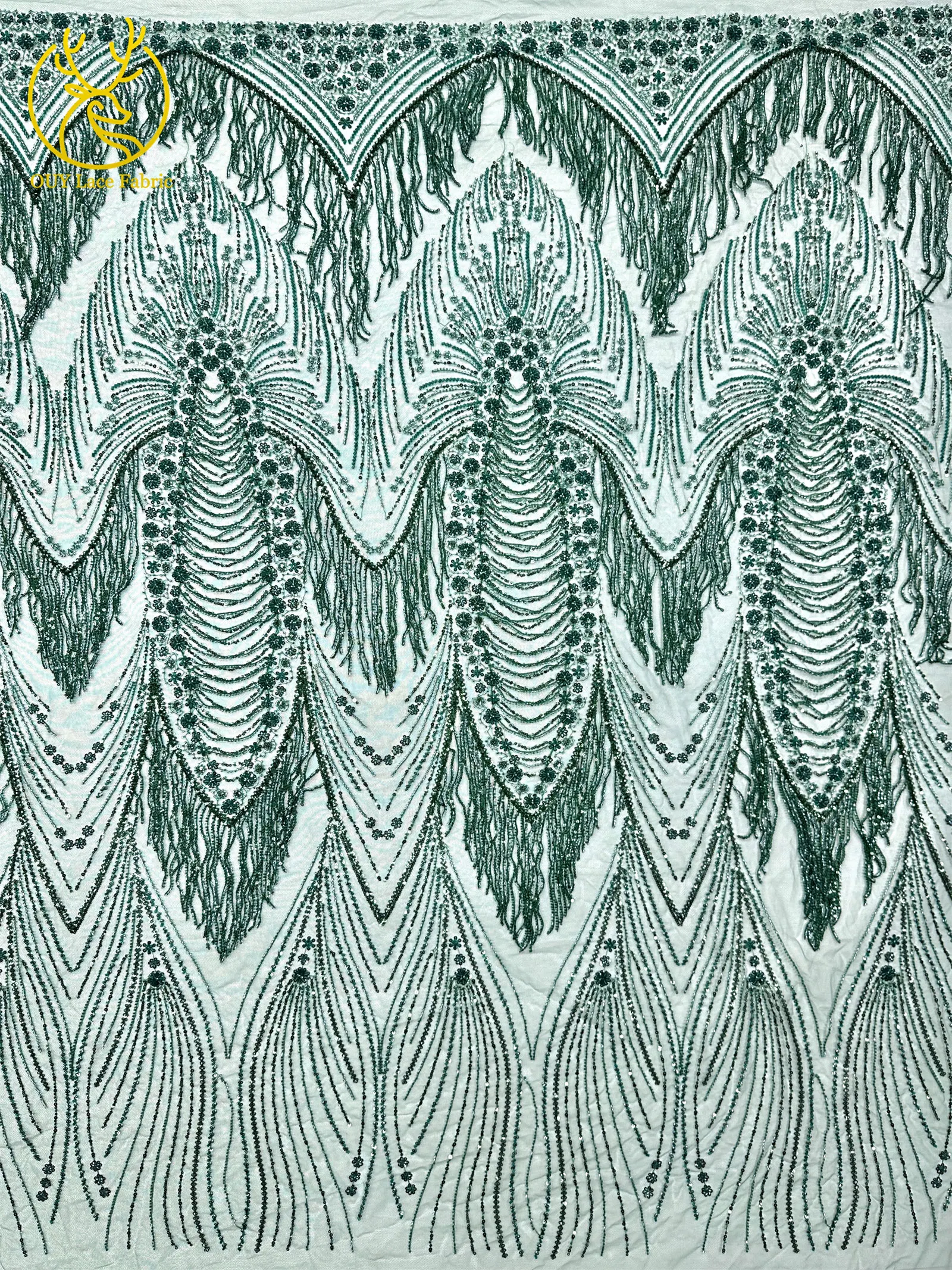 Grüner neuer Design-Tüllstoff mit afrikanischen 3D-Perlen, hochwertiger französischer Pailletten-Tüllstoff für Hochzeitskleider zum Nähen – Detail 7