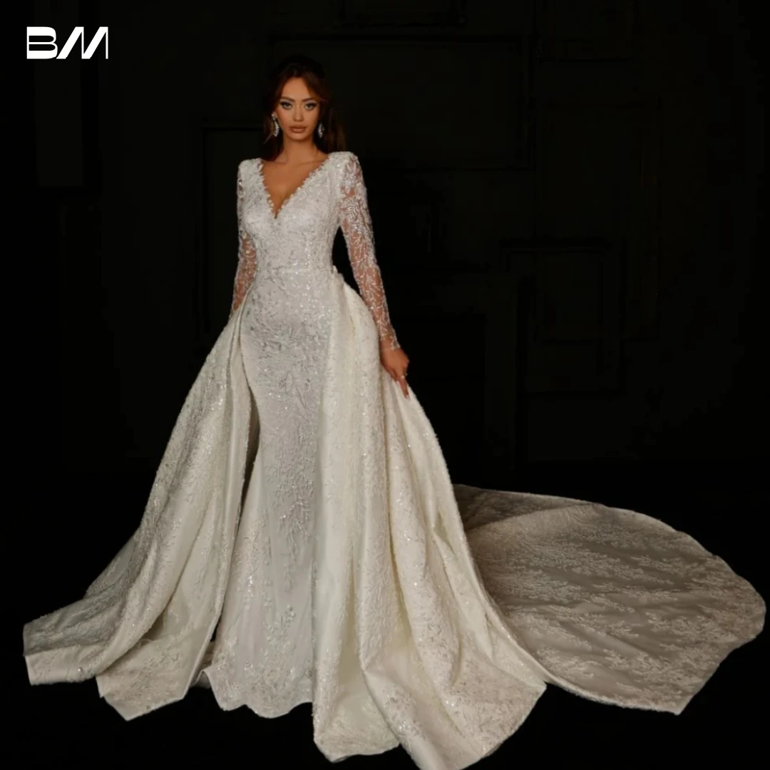 

Detachable Train Long Sleeve Wedding Dresses For Women Beaded Classic Plunging V Neck Bridal Gown Beaded Robe De Mariee