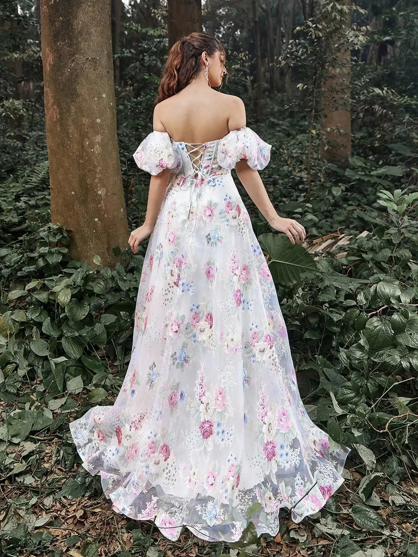 Robe de Bal Élégante en Organza à Manches Bouffantes, Imprimé Floral