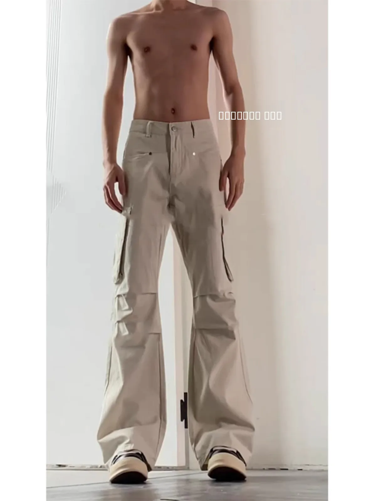 

Khaki Folded ket Design Casual Pants Men Spring American High Street Vibe Slimming Logging Workwear Straight Leg Trousers