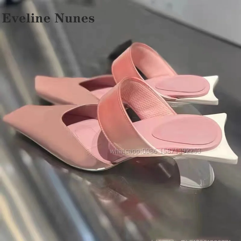 

Asymmetry Square Toe Pink Slides Chunky Heels Front Strap Hollow Out Solid Side Air Mules Slip On Shallow Sweet Slippers Newest