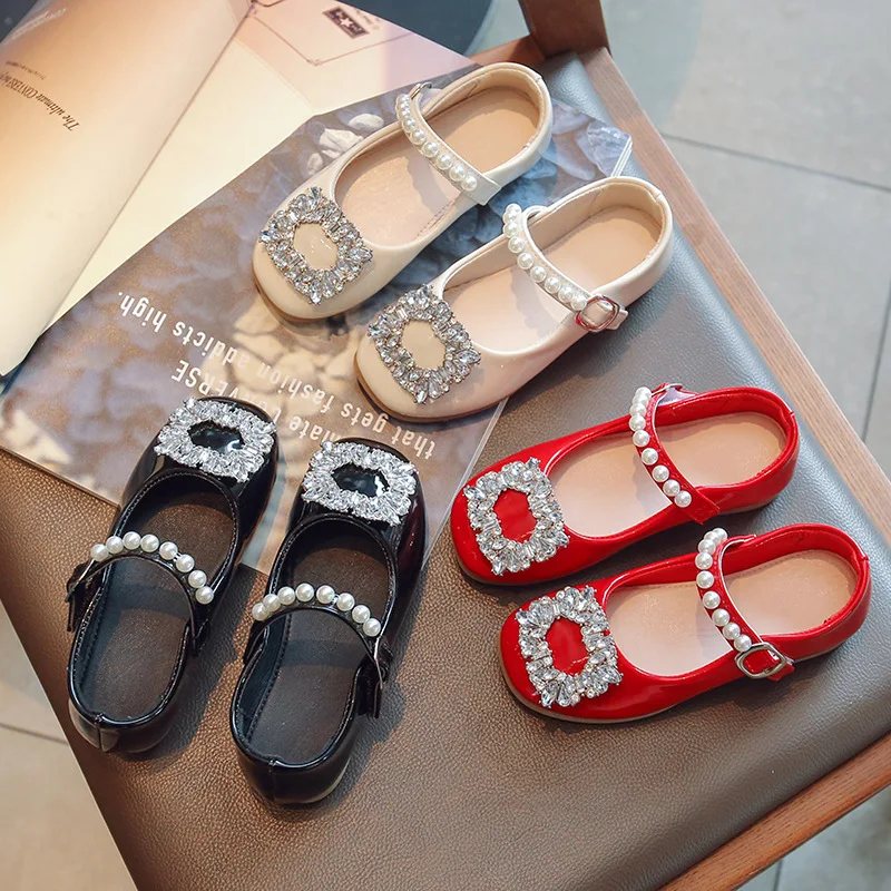 

Girls Leather Shoes for Party Wedding Kids Rhinestones Pearls Princess Shoes Breatheable Children Mary Janes Shoe Flats Non-slip