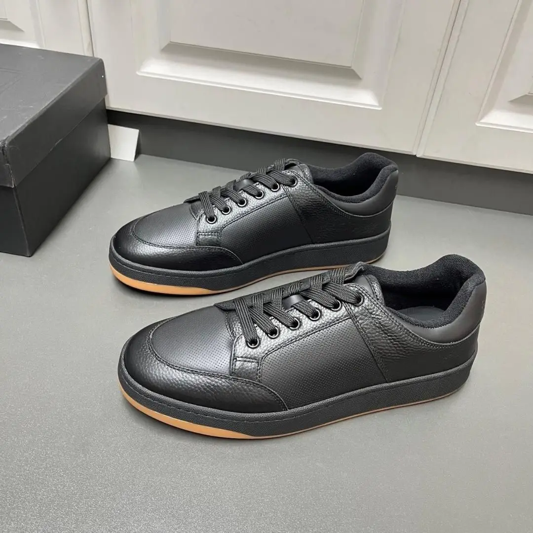 Unisex Daily Casual Shoes Full Black Leather Upper Breathable Panel Lace Up Non Slip Gum Outsole Walking Trainers