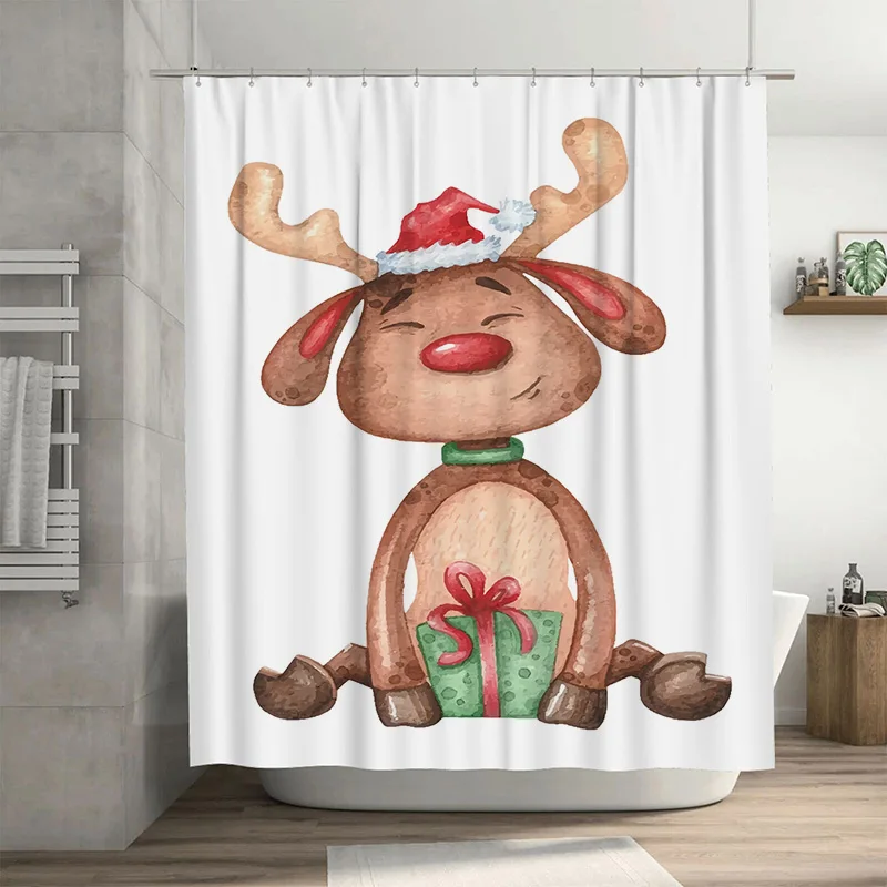 

Tuniu Festive Reindeer Shower Curtain Cute Christmas Forest Animal Bathroom Decor Holiday Elk Washable Fabric Backdrop Charming