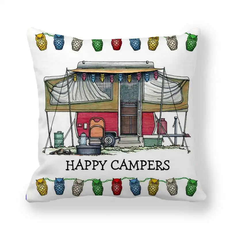 Happy Campers Car Cushion Cover Owl Outdoor Camping  Pillow  Sofa Decorative