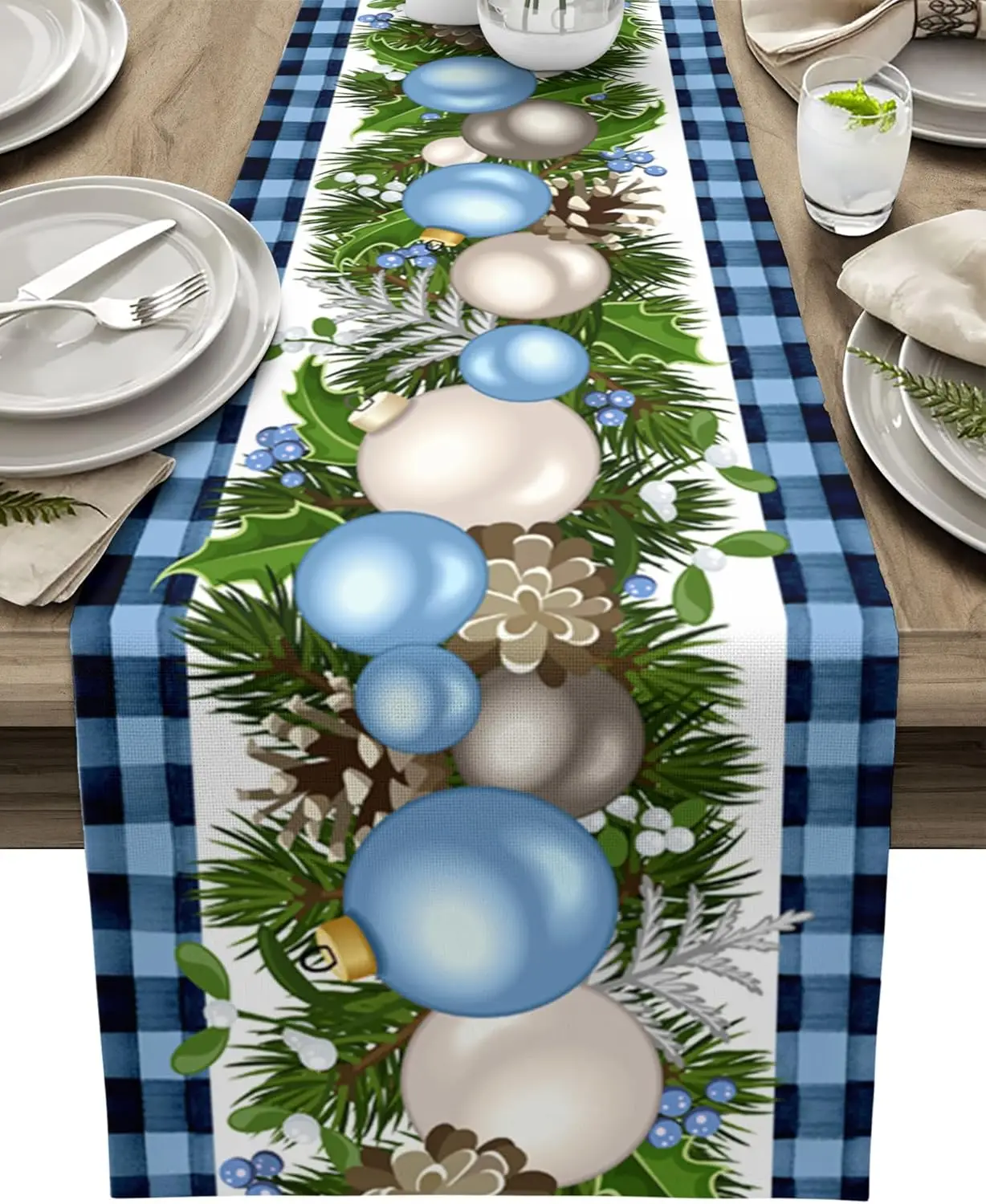Christmas Balls Pine Needles Pinecone Table Runner Party Decor Reusable Winter Kitchen Dining Table Runner Christmas Decorations