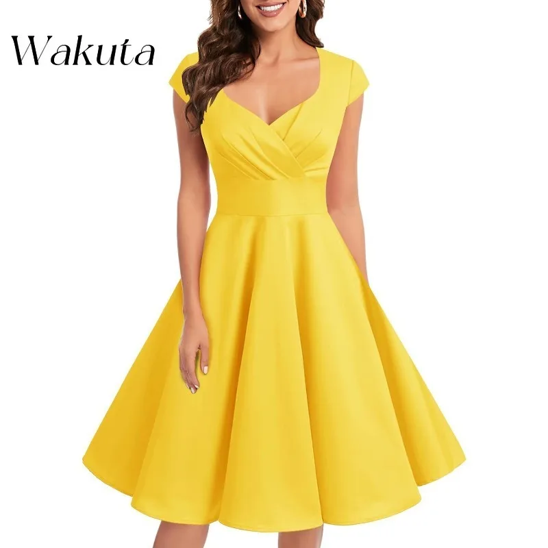 Wakuta Classic V Neck Wrap Shoulder Satin Women's Short Robe Vintage Cocktail Swing Evening Dress Teen Homecoming Ball Gown