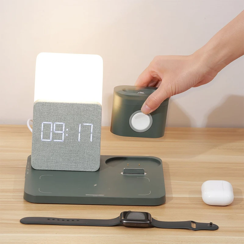 New OEM Multifunctional Station Alarm Clock Portable Night Light Wireless Speaker 5 in 1 Phone Holder 15W Wireless Fast Charger