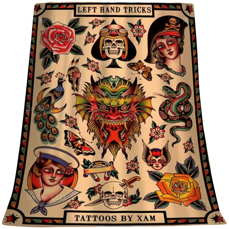 Classic Tiger Tattoo Collage Love Kills Slowly Skull Dagger Roses Geisha Old School Style Flannel Blanket By Ho Me Lili