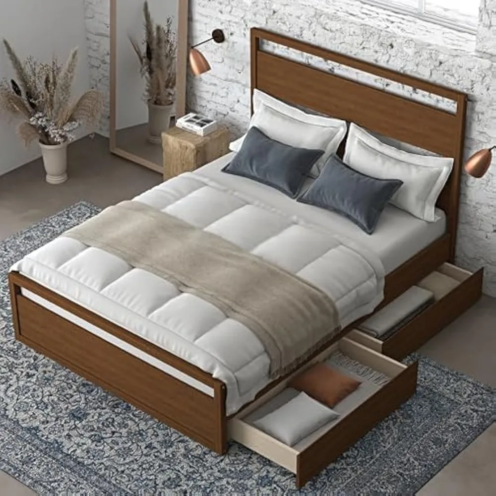 

Columbus Queen Bed Frame with Storage - Solid Wood Walnut Full Wooden Slat Support - Wooden Queen Bed Frame with Headboard