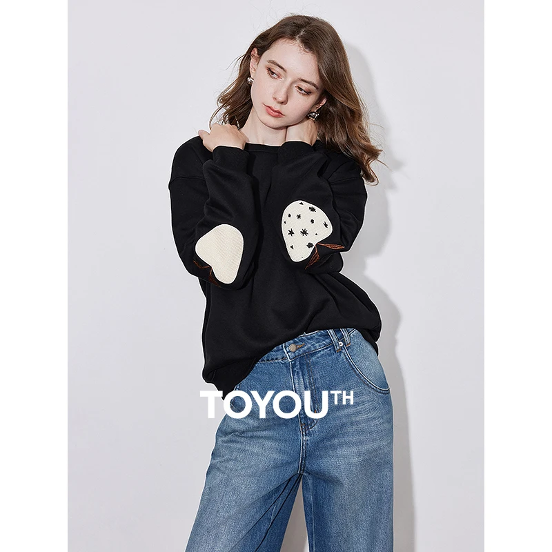 TOYOUTH Women Fleece Hoodies Sweatshirt 2024 Autumn Winter New Apple Pattern Round Neck Outdoor Sports Pullover Tops