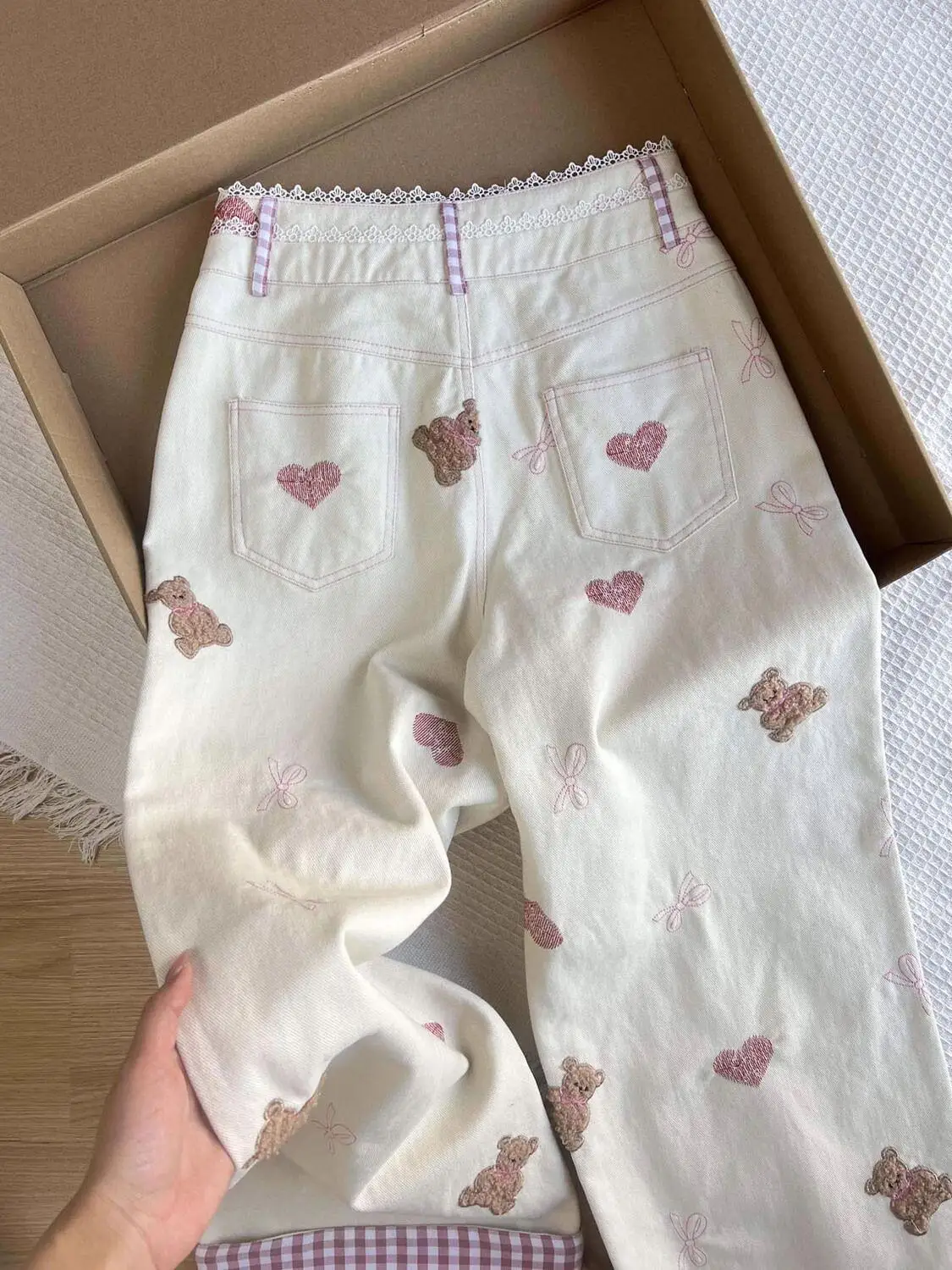 

Прямые джинсы с высокой талией и кружевом в стиле ретро, женские весенне-осенние универсальные простые элегантные брюки больших размеров