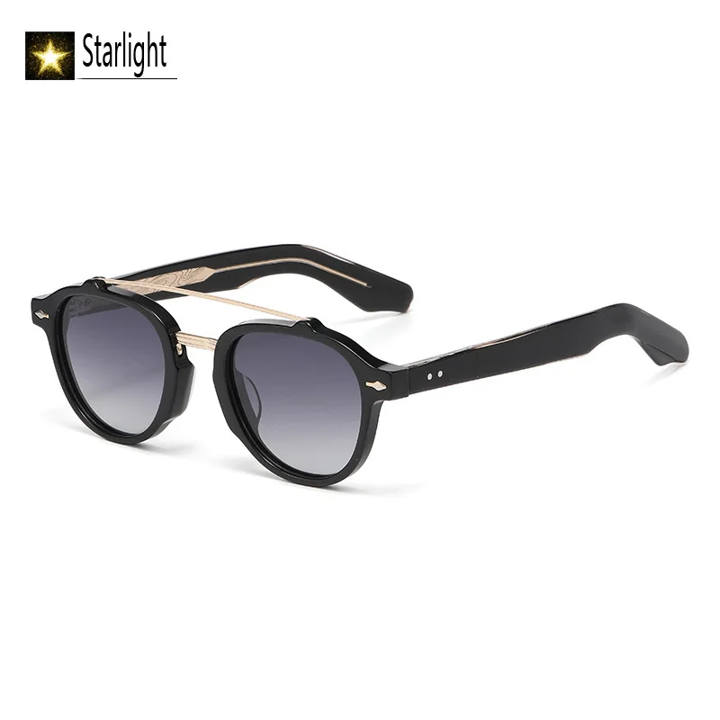Gradient Polarized Double-beam Sunglasses Man Black Acetate Classic Glasses Men UV400 Fashion Eyeglasses Round Handcraft Male