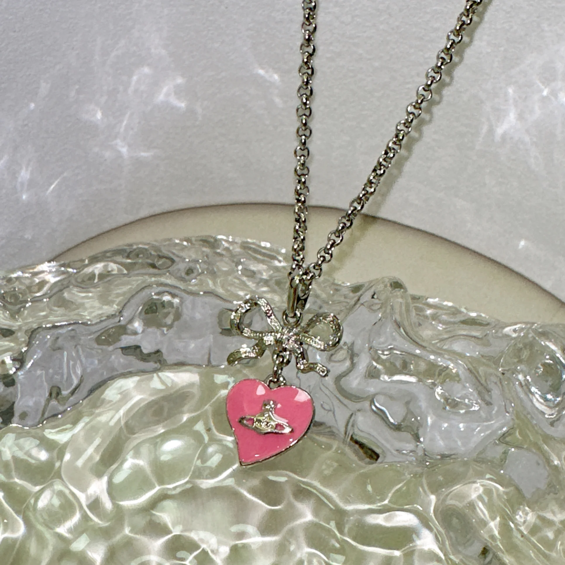 

Серебряное колье S925 с подвеской в виде банта и розового персикового сердца во французском романтическом стиле, милое и нежное, для женщин
