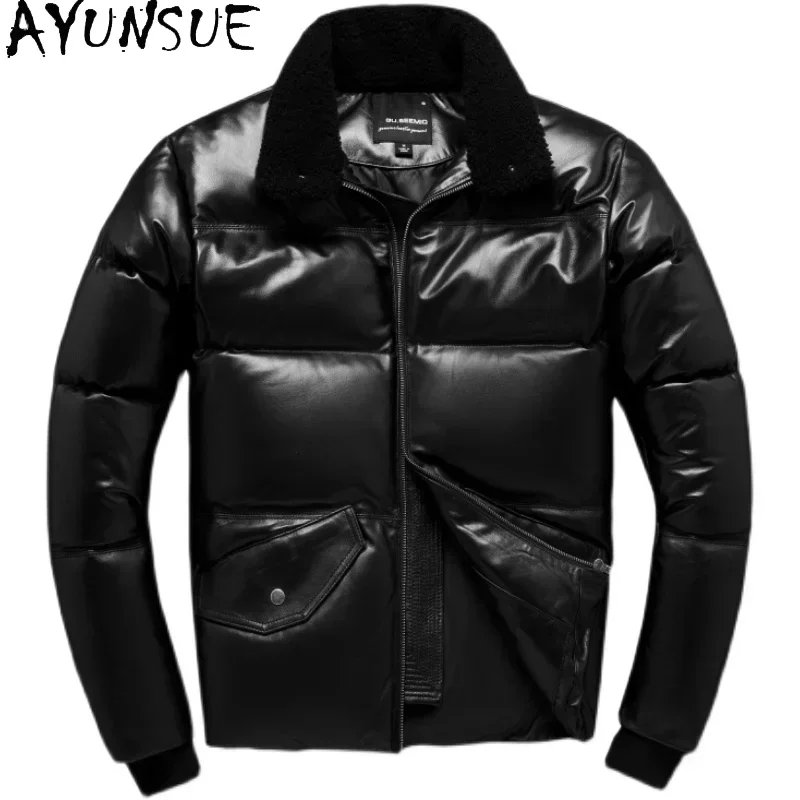 AYUNSUE Winter Jackets Men Genuine Leather Down Jacket Men's Padded Real Sheepskin Coats Multi-pocket Thick Warm Leather Coat
