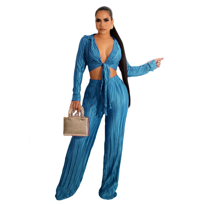 Elegant Pleated Ladies 2 Piece Set Women Sexy Up V Neck Long Sleeve Crop Top and Loose Pleated Pants Casual High Quality Sets