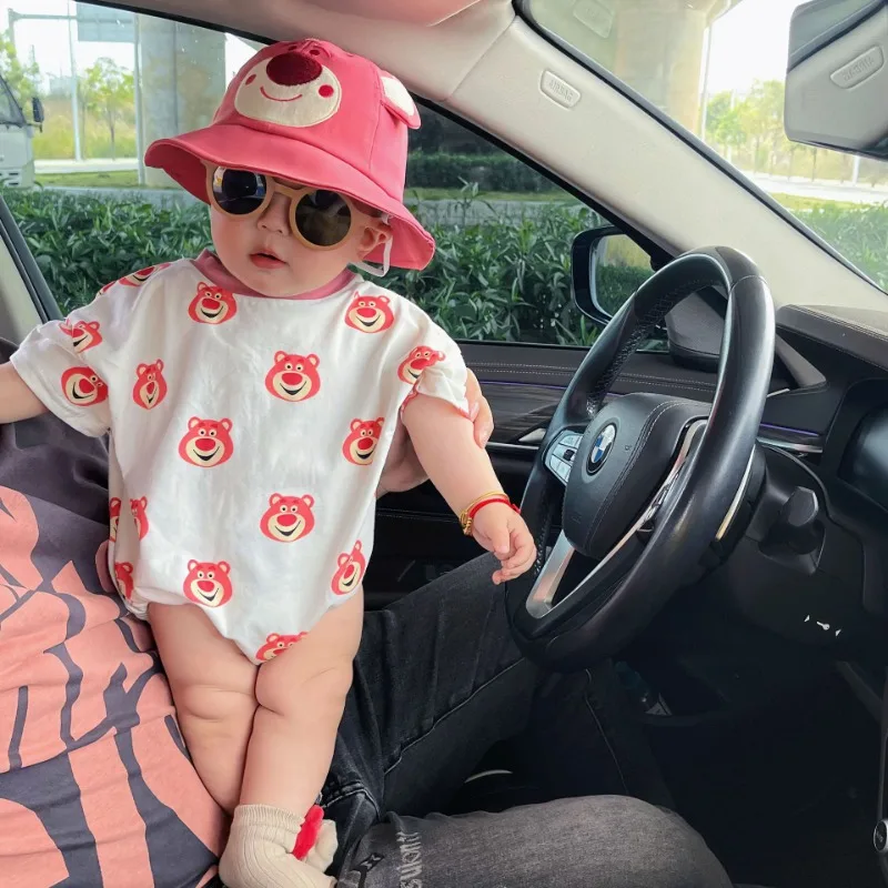 Korean Style New Summer Baby Girl Boy Bodysuit Cartoon Bear Round Collar Cotton Short Sleeves Infant Casual Jumpsuit K331