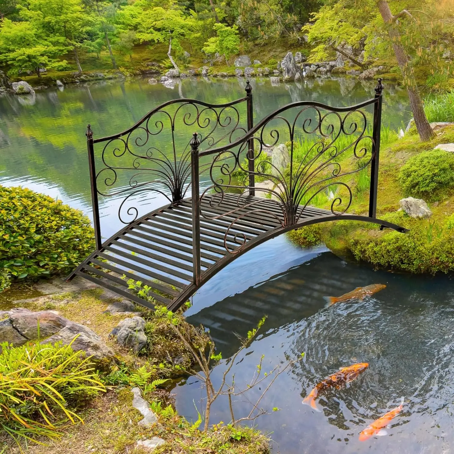 Compact Metal Arch Garden Bridge for Backyard Creek Landscaping, Decorative Scrollwork Silhouette with Weight-Bearing Support and Integrated Side Rail Accents, Private Courtyard Bridge