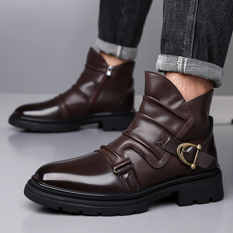 

HOT Retro Men's Motorcycle Leather Boots British Style Round Head High Top Shoes Casual Platform Boots Moto Street Gear