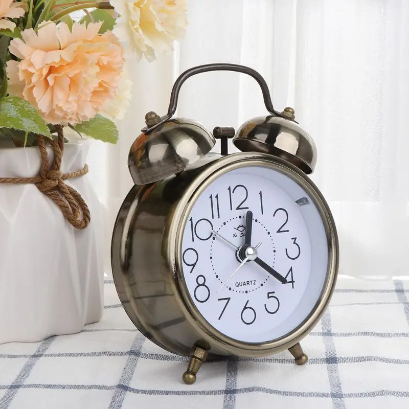 Reloj despertador mecánico escritorio Retro, luz doble campana, mesita noche, Metal silencioso