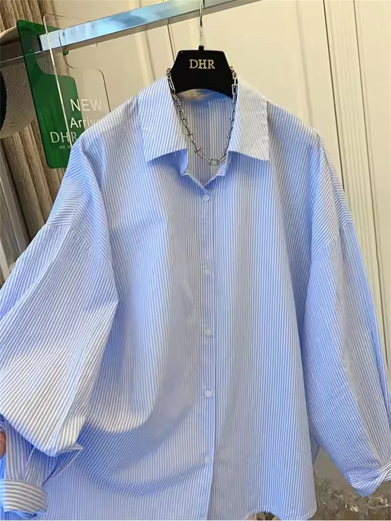 

Blue Striped Long Sleeved Shirt Women 2025 spring And Summer New Cardigan Tops Lapel Neck Single Breasted Ladies Sunscreen Coat