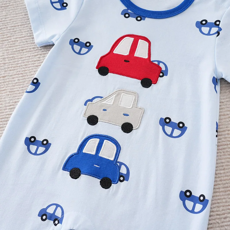 Newborn Boy And Girl Jumpsuit Baby Clothing Cute Cartoon Toy Car Baby Casual Full Print Light Blue Summer Short Sleeved Jumpsuit