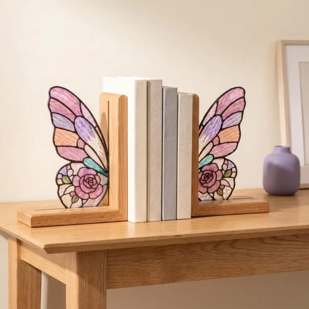 Beauty Colorful Butterfly Wings Bookend Set Acrylic Desktop Organizer Book Support with Bases Decorative Book Stand Reader Gifts