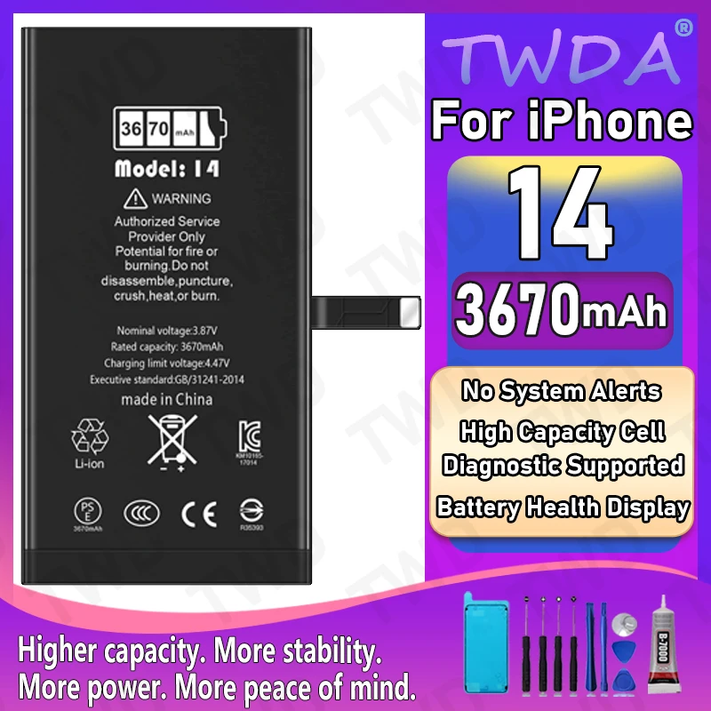 

Диагностический аккумулятор 3670 мАч, подлинная часть, без всплывающего сообщения для iPhone 14, новая замена высокого качества + бесплатные инструменты