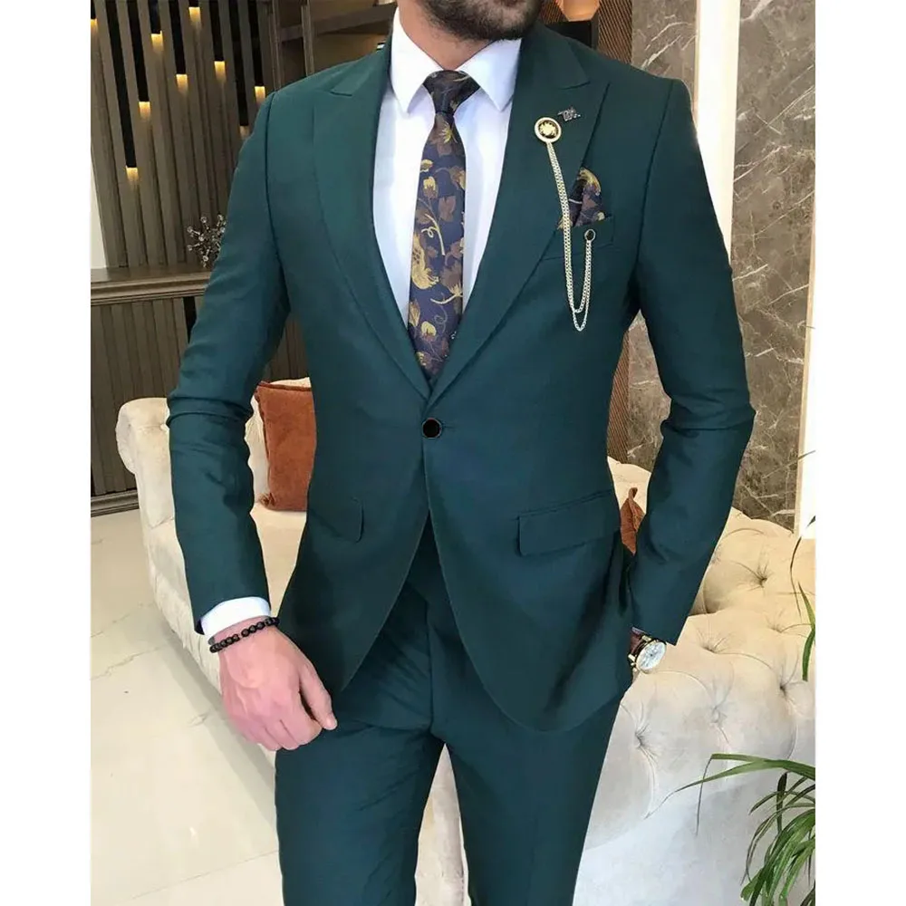 Green Wedding High Quality Men Suits Single Breasted Peak Lapel Blazer Formal Party 2 Piece Jacket Pants Elegant Male Clothing