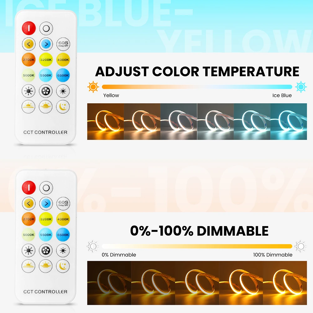 2200K to 8000K Dimmable CCT COB LED Strip Light Bright Flex Tape 17Key 12key Bluetooth Remote EU/US/UK/AU Power Kit 24V 480LED/m