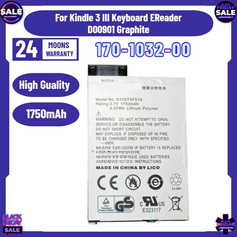 

1750mAh 170-1032-00 Mobile Phone Battery for Kindle 3 III Keyboard EReader D00901 Graphite GP-S10-346392-0100 S11GTSF01A