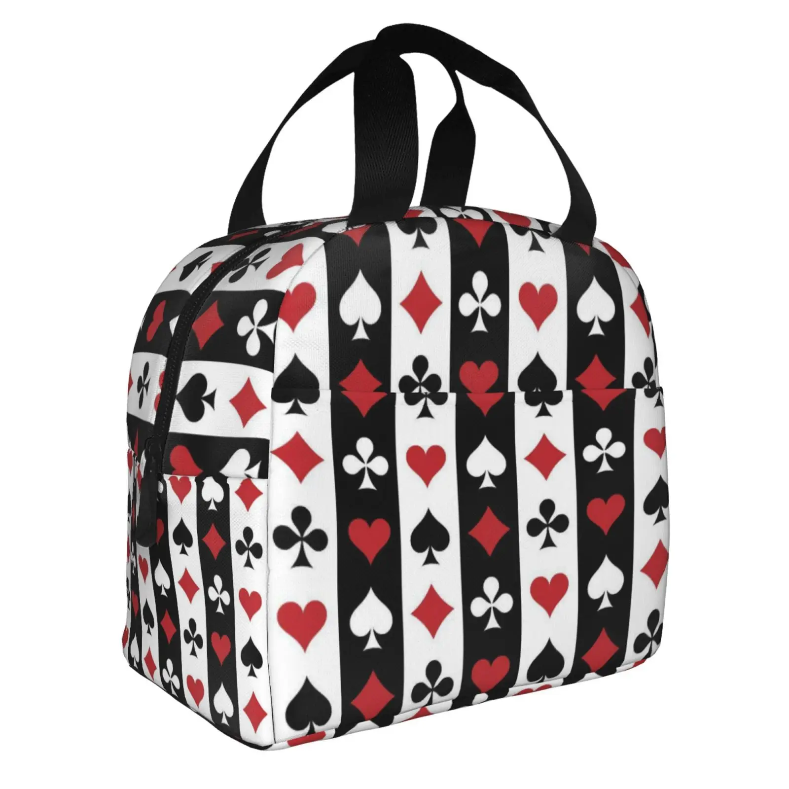 Poker Red Black Print Lunch Bag Waterproof Insulated Canvas Cooler Bag Thermal Cold Food Picnic Travel Tote for Women Children