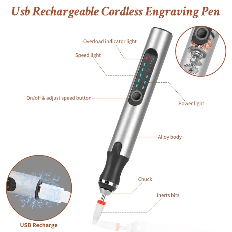 Pluma de grabado con 37 Bits, máquina de grabado inalámbrica recargable por USB con caja, grabador giratorio portátil DIY